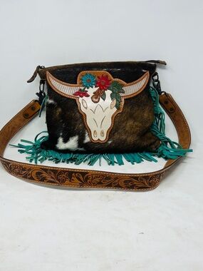 American darling Cowhide Crossbody w/ floral Longhorn Appliqué Teal Fringe